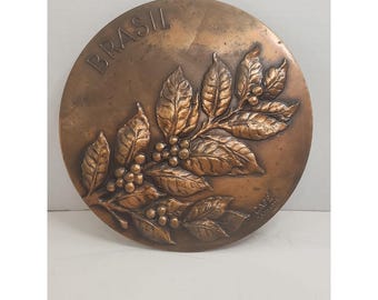 Vtg 1970 Cobrarte Brazil Coffee Copper Relief Wall Plaque 10" w/ Original Label