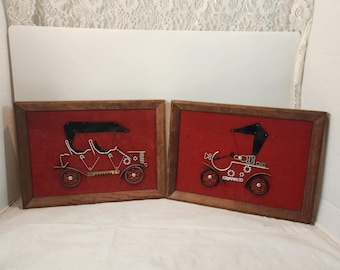 VTG Folk Art Classic Car Picture Set 1970's,steam Punk, Art Kitsch, Wall Hanging