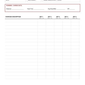 May include: A white fitness log sheet titled Hypertrophy & Running Log Matrix. It includes fields for date, bodyweight, target muscle split, and running cardio data like distance, time, pace, and heart rate, followed by a grid for exercise tracking.