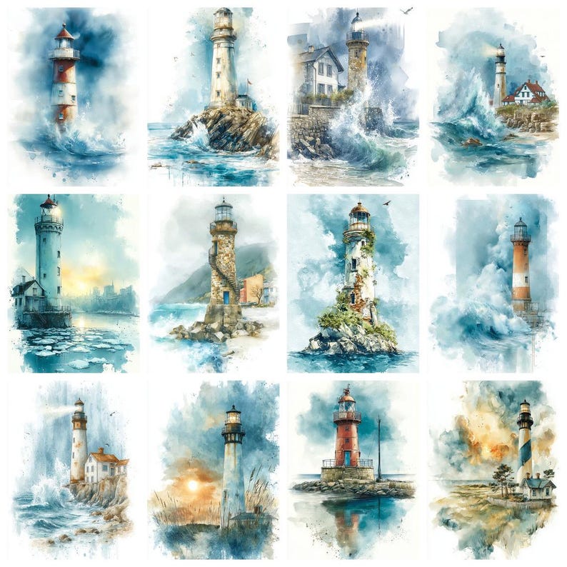 Puede incluir: Una colecci&oacute;n de doce ilustraciones en acuarela que muestran varios faros en entornos costeros. Cada escena representa una estructura de faro &uacute;nica rodeada de olas rompientes, costas rocosas o aguas tranquilas con tonos azules, blancos y terrosos.