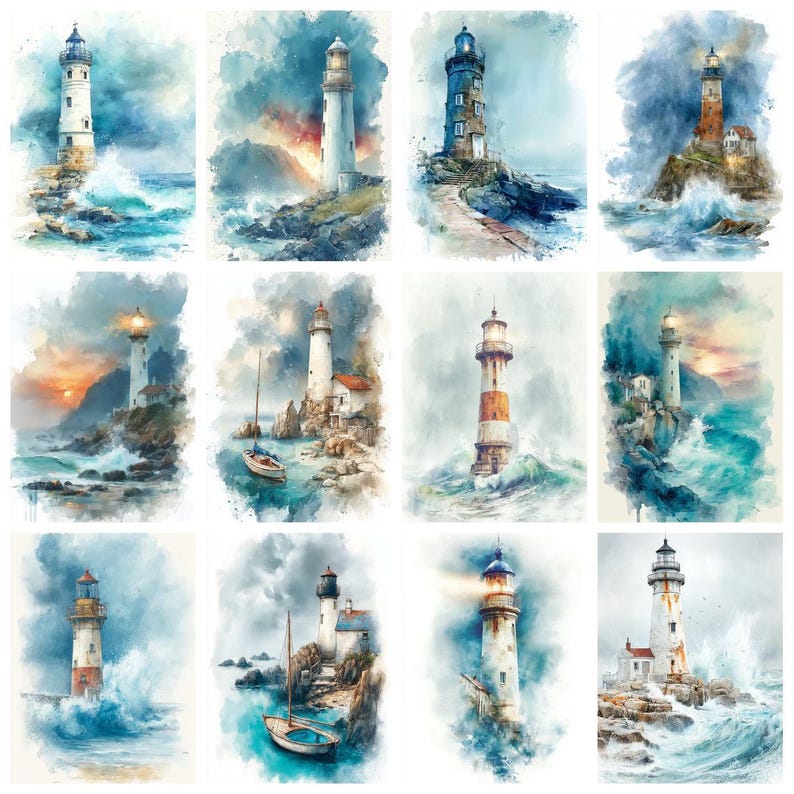 Puede incluir: Una colecci&oacute;n de doce pinturas a la acuarela que representan varios faros situados en costas rocosas. Cada escena muestra un faro rodeado de olas turbulentas, cielos tormentosos y paisajes costeros representados en tonos de azul.