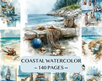 Puede incluir: Una colección de ilustraciones en acuarela costera con faros, redes de pesca, conchas, barcos y escenas de playa. El texto COASTAL WATERCOLOR ~ 140 PAGES ~ está centrado sobre un fondo azul claro que se superpone a las diversas imágenes náuticas.