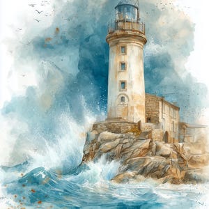 Puede incluir: Una ilustraci&oacute;n en acuarela de un faro cil&iacute;ndrico alto sobre un acantilado rocoso. Las olas azules del oc&eacute;ano rompen contra la base de las rocas, levantando espuma blanca. Un edificio de piedra est&aacute; unido al faro y hay aves volando arriba.