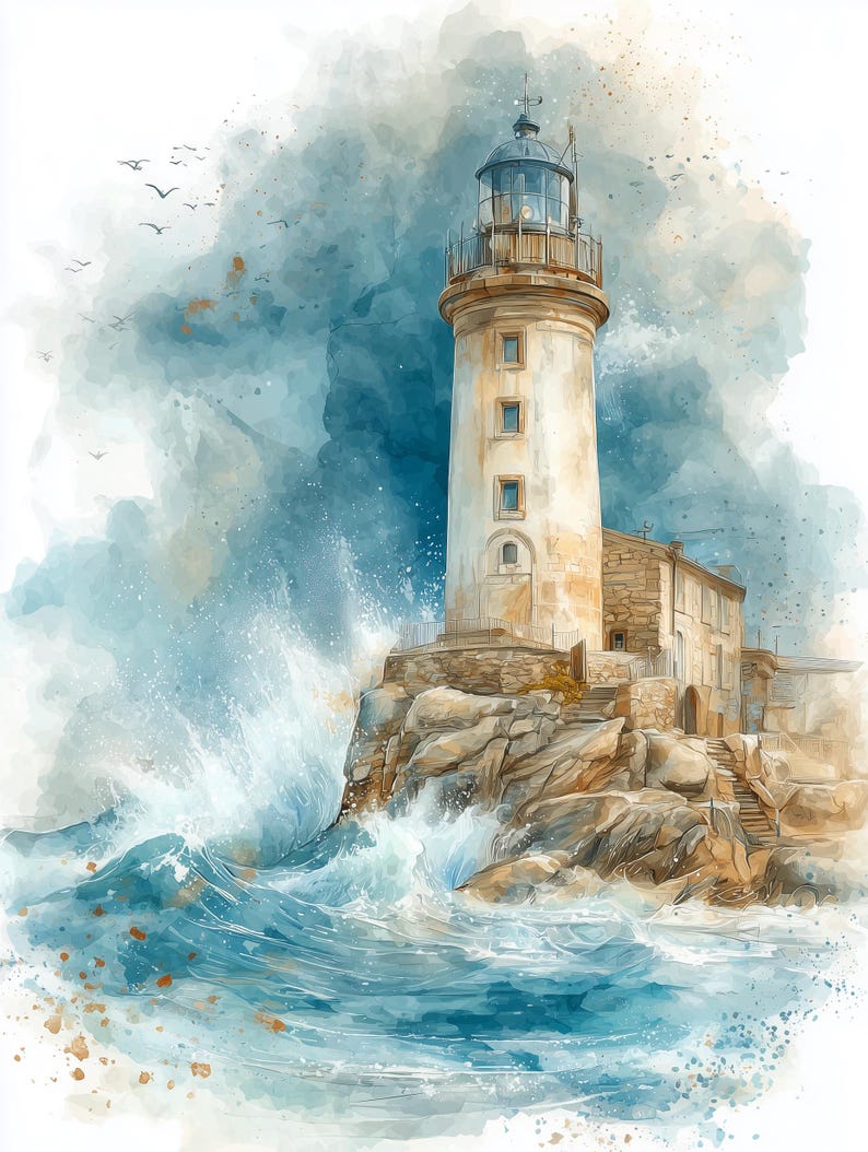 Puede incluir: Una ilustraci&oacute;n en acuarela de un faro cil&iacute;ndrico alto sobre un acantilado rocoso. Las olas azules del oc&eacute;ano rompen contra la base de las rocas, levantando espuma blanca. Un edificio de piedra est&aacute; unido al faro y hay aves volando arriba.