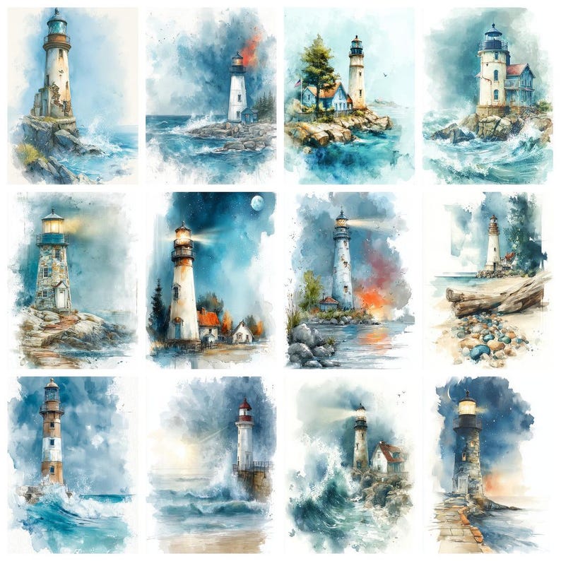 Puede incluir: Una colecci&oacute;n de doce ilustraciones en acuarela que presentan faros en diversos entornos costeros. Cada escena representa una torre de faro rodeada de olas rompientes, costas rocosas y cielos atmosf&eacute;ricos en tonos de azul y blanco.