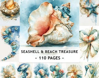 Puede incluir: Una colección de ilustraciones en acuarela con conchas marinas, una estrella de mar con perlas, vidrio marino, una medusa y un caballito de mar. La imagen central es una gran caracola. El texto dice SEASHELL & BEACH TREASURE ~ 110 PAGES ~.