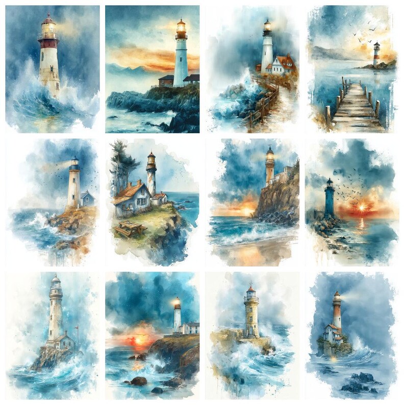 Paquete de imágenes prediseñadas de faros en acuarela, arte náutico costero para imprimir, gráficos para diarios creativos playeros. imagen 10