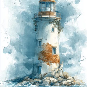 Paquete de imágenes prediseñadas de faros en acuarela, arte náutico costero para imprimir, gráficos para diarios creativos playeros. imagen 6