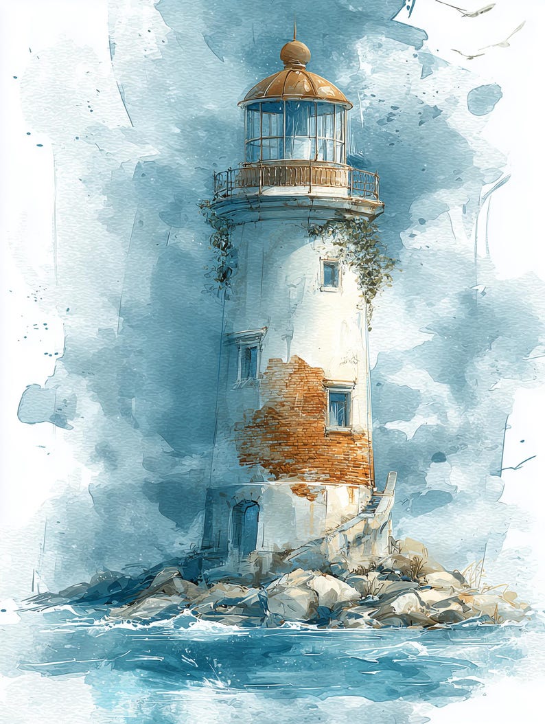 Paquete de imágenes prediseñadas de faros en acuarela, arte náutico costero para imprimir, gráficos para diarios creativos playeros. imagen 6