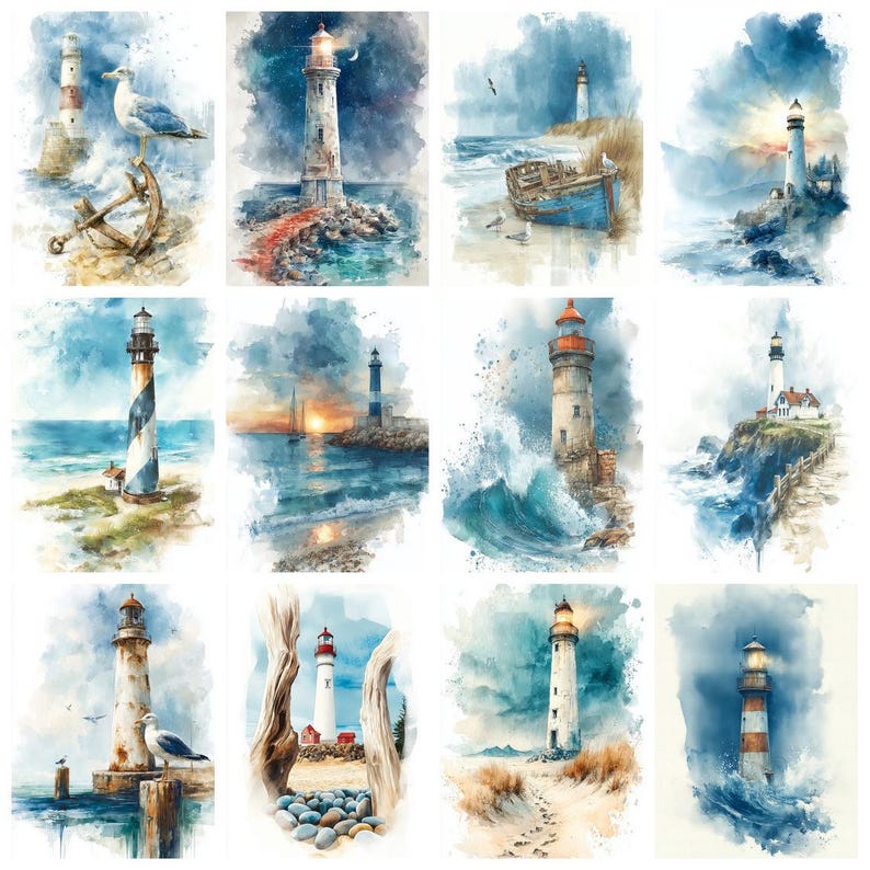 Paquete de imágenes prediseñadas de faros en acuarela, arte náutico costero para imprimir, gráficos para diarios creativos playeros. imagen 13