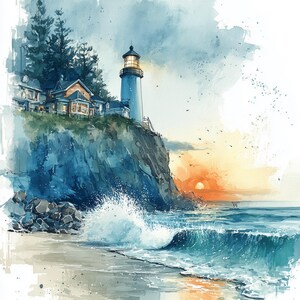Puede incluir: Una ilustraci&oacute;n en acuarela de una escena costera que presenta un faro blanco alto y casas adyacentes situadas sobre un acantilado rocoso. Abajo, las olas del oc&eacute;ano rompen contra la orilla al atardecer, con un sol naranja en el horizonte.