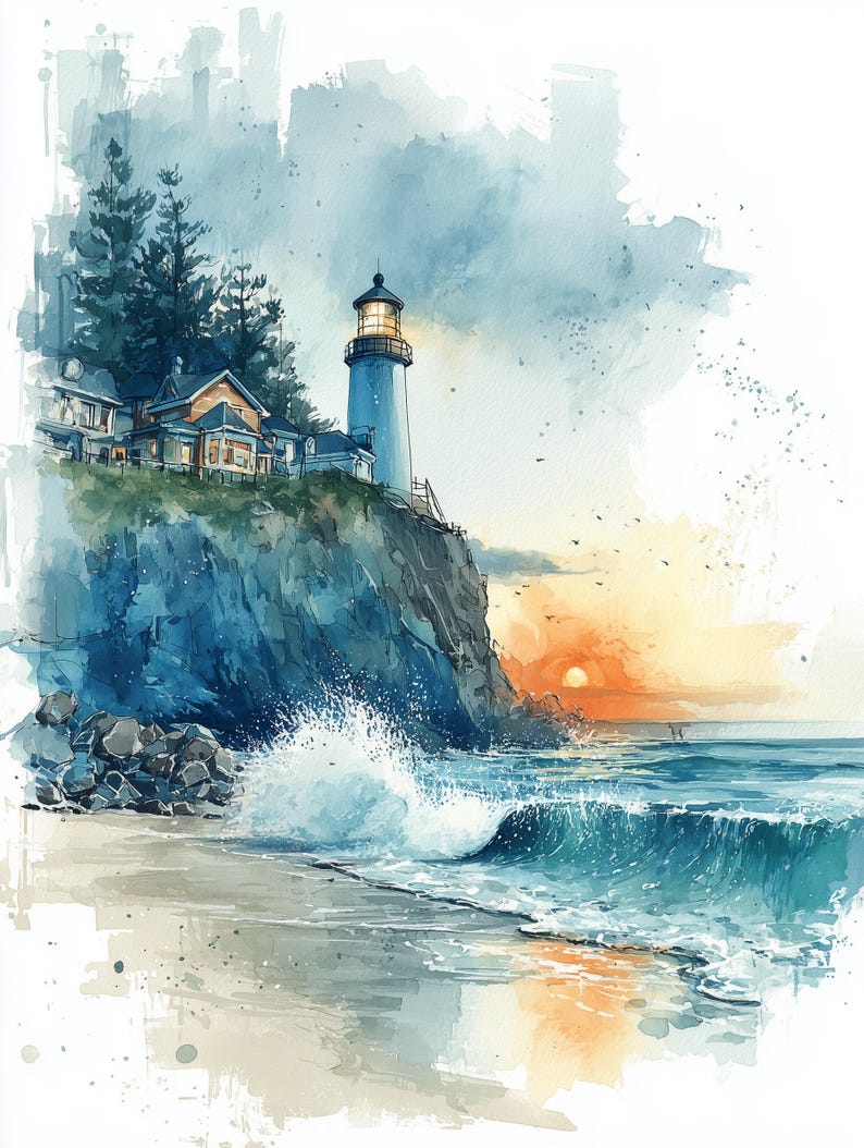 Puede incluir: Una ilustraci&oacute;n en acuarela de una escena costera que presenta un faro blanco alto y casas adyacentes situadas sobre un acantilado rocoso. Abajo, las olas del oc&eacute;ano rompen contra la orilla al atardecer, con un sol naranja en el horizonte.