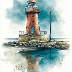Puede incluir: Una ilustraci&oacute;n en acuarela de un faro color &oacute;xido con una puerta azul, sobre una base de piedra rodeada de rocas. La estructura cuenta con una barandilla de metal, una linterna con paneles de vidrio y un poste delgado, reflejado en el agua.