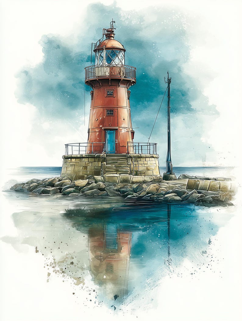 Puede incluir: Una ilustraci&oacute;n en acuarela de un faro color &oacute;xido con una puerta azul, sobre una base de piedra rodeada de rocas. La estructura cuenta con una barandilla de metal, una linterna con paneles de vidrio y un poste delgado, reflejado en el agua.