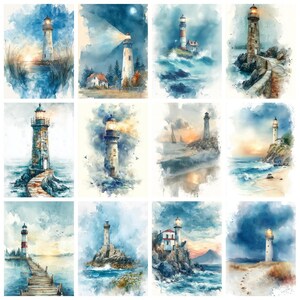 Puede incluir: Una colecci&oacute;n de doce pinturas en acuarela que representan varios faros en entornos costeros. Las im&aacute;genes muestran escenas diversas que incluyen costas rocosas, mares tormentosos, playas de arena, muelles de madera y linternas brillantes en diferentes momentos.