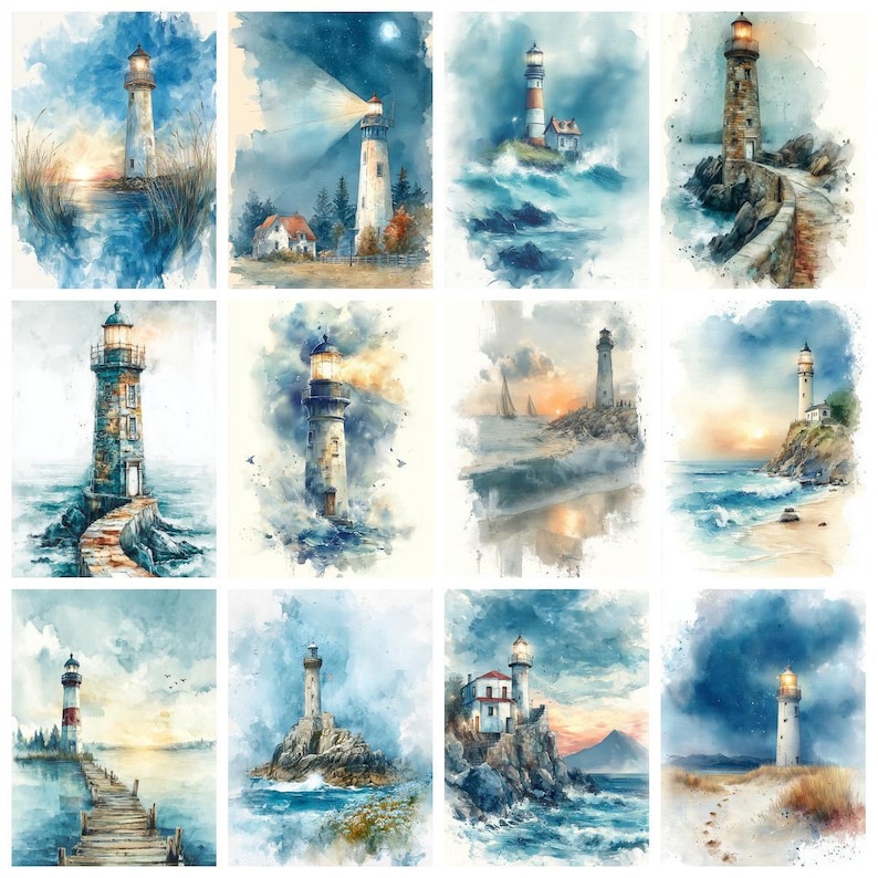 Puede incluir: Una colecci&oacute;n de doce pinturas en acuarela que representan varios faros en entornos costeros. Las im&aacute;genes muestran escenas diversas que incluyen costas rocosas, mares tormentosos, playas de arena, muelles de madera y linternas brillantes en diferentes momentos.