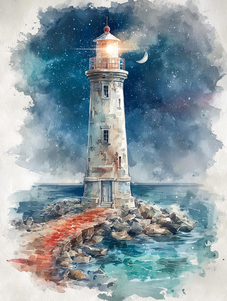 Puede incluir: Una ilustraci&oacute;n en acuarela de un faro de piedra alto y desgastado sobre un muelle rocoso que se extiende hacia el mar. El faro cuenta con una linterna brillante en la parte superior, una puerta central y ventanas peque&ntilde;as bajo un cielo nocturno.