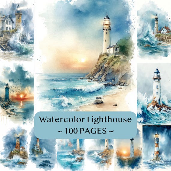 Watercolor Lighthouse Clipart Bundle, Coastal Nautical Printable Art, Beach Junk Journal Graphics