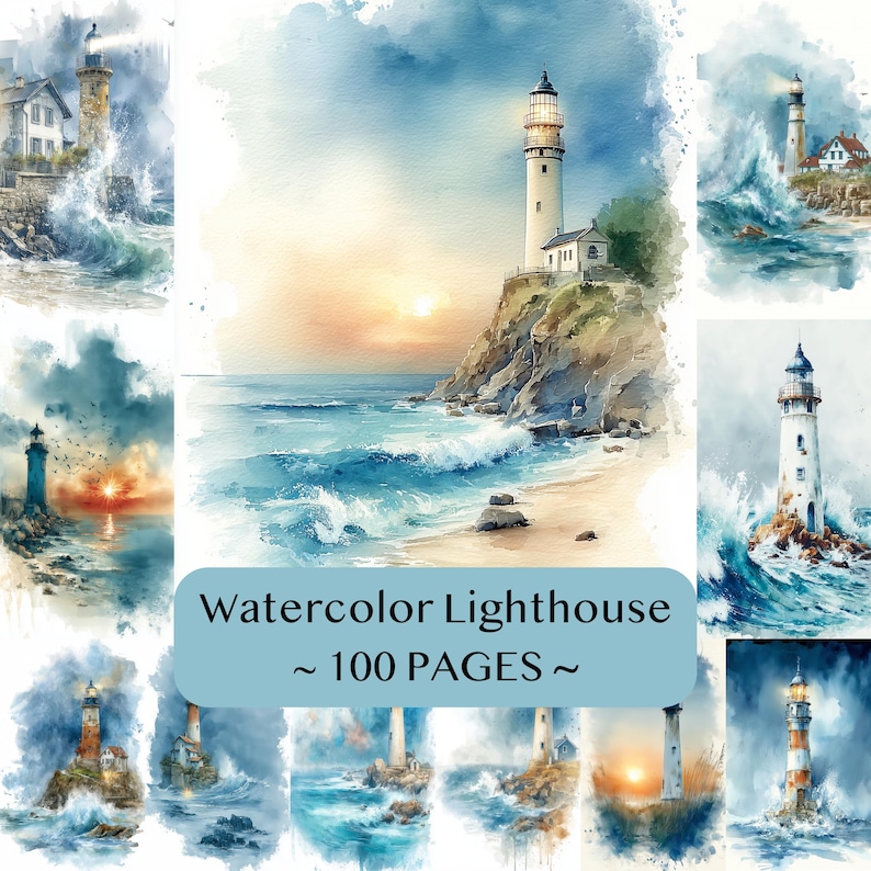 Puede incluir: Una colecci&oacute;n de ilustraciones de faros en acuarela que muestran diversas escenas costeras con olas rompientes, acantilados rocosos y faros brillantes al atardecer. Un recuadro azul claro muestra el texto Watercolor Lighthouse ~ 100 PAGES ~.