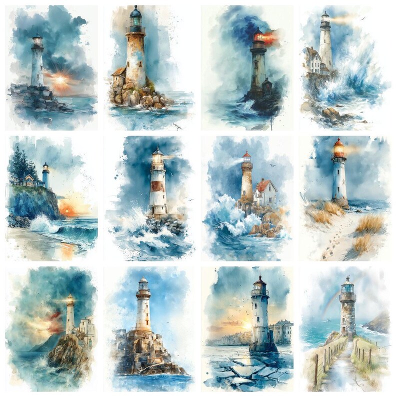 Puede incluir: Una colecci&oacute;n de doce pinturas a la acuarela que representan varios faros en entornos costeros. Cada escena muestra una torre de faro, acantilados rocosos, olas rompiendo y cielos atmosf&eacute;ricos en tonos azules, blancos y dorados.