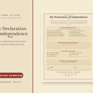 Op de afbeelding: Een printbaar werkblad getiteld My Declaration of Independence van Home of Ezer. Het document bevat secties voor het verklaren van onafhankelijkheid van angsten, het opsommen van waarheden, het claimen van vrijheden en het noteren van acties.