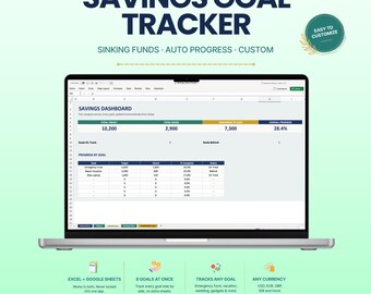 Modèle Excel/Google Sheets de suivi des objectifs d'épargne, de planification des fonds d'amortissement et de tableau de bord de progression automatique