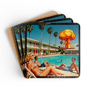May include: A set of square cork-backed coasters featuring a retro-style image of people lounging by a swimming pool at a motel with palm trees and a large orange mushroom cloud explosion in the background, framed by a dark film strip border.