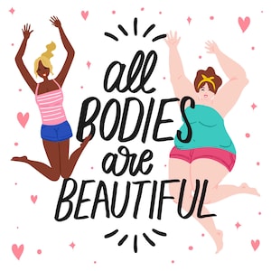 Puede incluir: Una ilustración digital que muestra a dos figuras saltando con los brazos levantados, rodeadas de pequeños corazones y estrellas rosas. El texto en el centro dice "all BODIES are BEAUTIFUL" en letras negras manuscritas y negritas sobre fondo blanco.