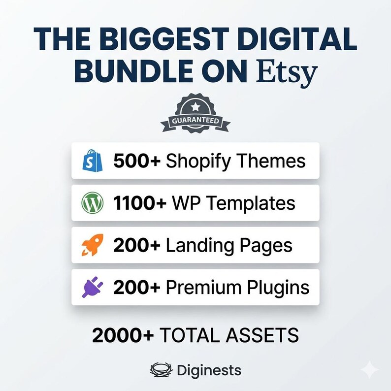 May include: A digital product advertisement titled THE BIGGEST DIGITAL BUNDLE ON Etsy. It lists 500+ Shopify Themes, 1100+ WP Templates, 200+ Landing Pages, and 200+ Premium Plugins, totaling 2000+ TOTAL ASSETS. The Diginests logo is at the bottom.