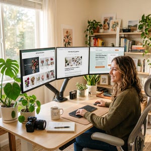 May include: A workspace featuring three computer monitors mounted on an adjustable arm, displaying websites titled Artisan Blooms, The Creative Journal, and Launch Your Dream. A white mug labeled Create, a camera, and a notebook sit on the desk.