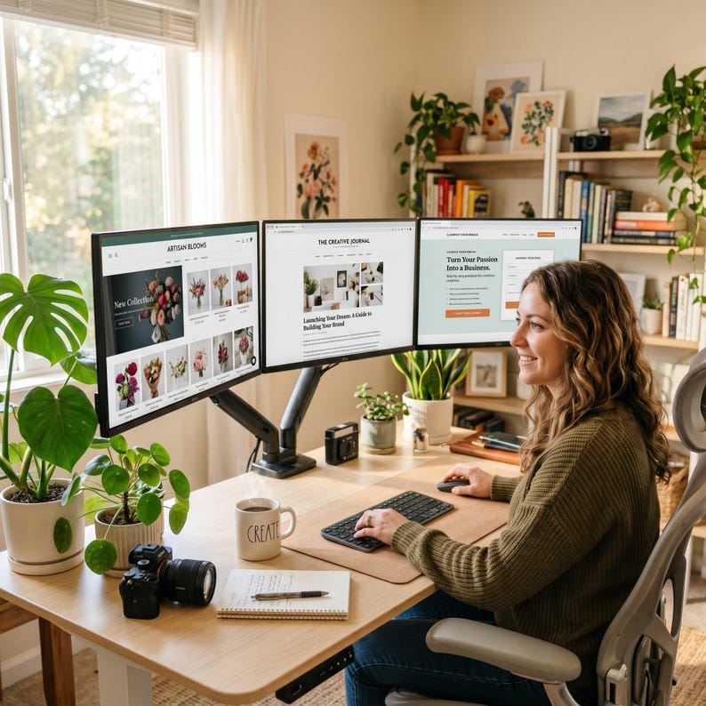 May include: A workspace featuring three computer monitors mounted on an adjustable arm, displaying websites titled Artisan Blooms, The Creative Journal, and Launch Your Dream. A white mug labeled Create, a camera, and a notebook sit on the desk.