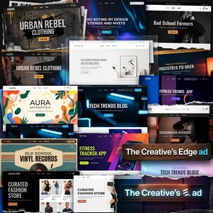 May include: A collage of various website interface designs featuring diverse themes including Urban Rebel Clothing, Scandinavian Interiors, Aura Art Portfolio, Tech Trends Blog, Fitness Tracker App, Old School Vinyl Records, and Curated Fashion Store.
