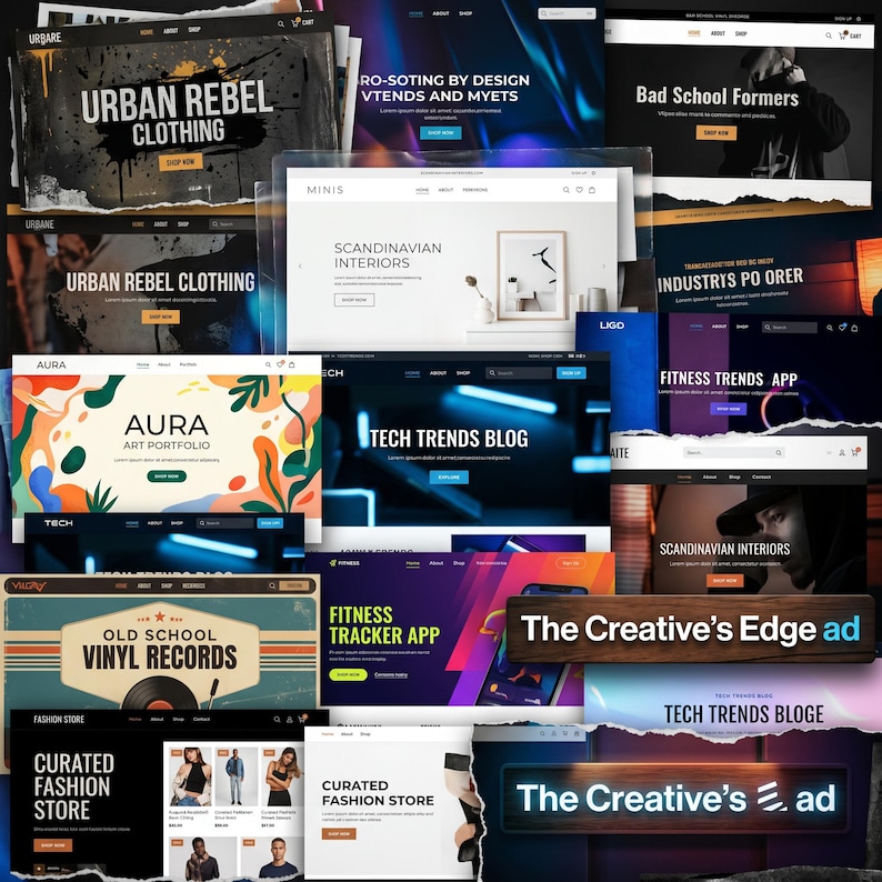 May include: A collage of various website interface designs featuring diverse themes including Urban Rebel Clothing, Scandinavian Interiors, Aura Art Portfolio, Tech Trends Blog, Fitness Tracker App, Old School Vinyl Records, and Curated Fashion Store.