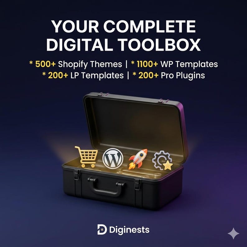 May include: A black open briefcase containing 3D icons of a shopping cart, WordPress logo, rocket, and gear with a star. Text reads: YOUR COMPLETE DIGITAL TOOLBOX, 500+ Shopify Themes, 1100+ WP Templates, 200+ LP Templates, 200+ Pro Plugins, and Diginests.