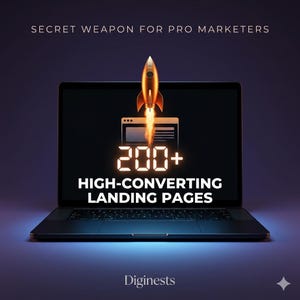 May include: A laptop screen displays a gold rocket launching upward with a trail of fire. Text reads: SECRET WEAPON FOR PRO MARKETERS, 200+, HIGH-CONVERTING LANDING PAGES, and Diginests. The background is a dark purple gradient with a small star icon.