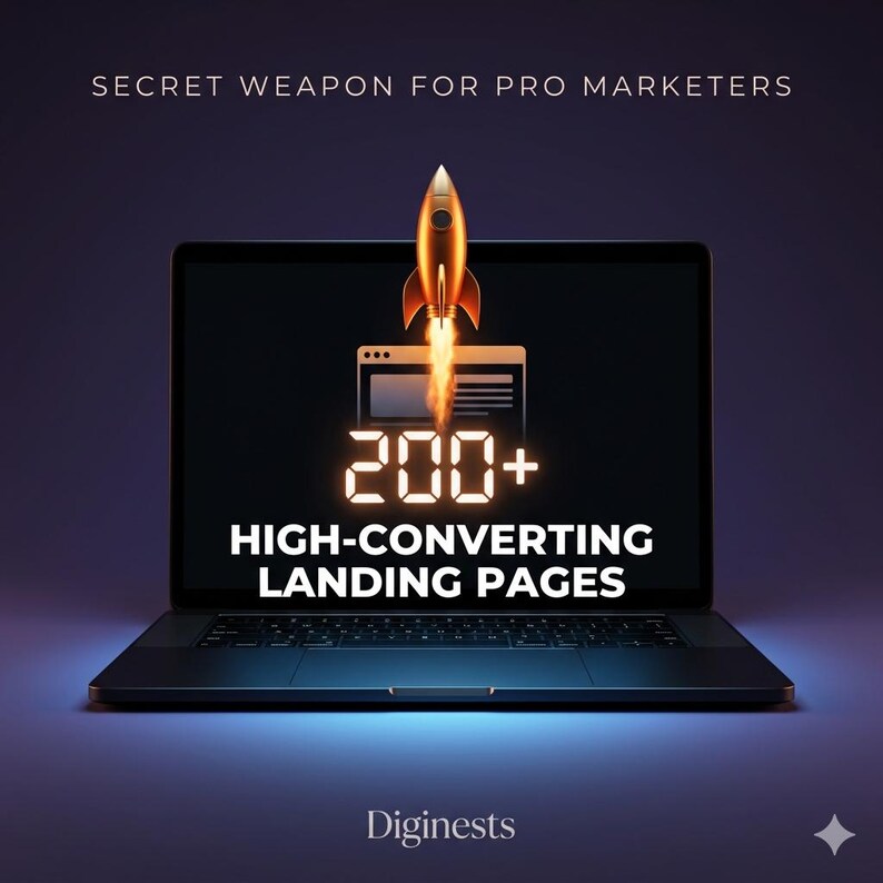 May include: A laptop screen displays a gold rocket launching upward with a trail of fire. Text reads: SECRET WEAPON FOR PRO MARKETERS, 200+, HIGH-CONVERTING LANDING PAGES, and Diginests. The background is a dark purple gradient with a small star icon.