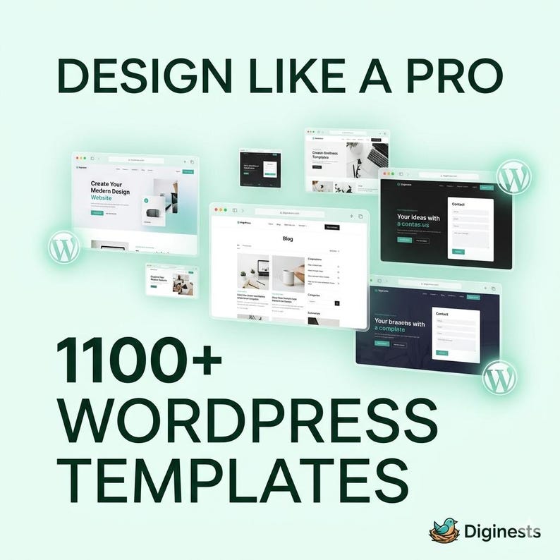 May include: A digital graphic featuring the text DESIGN LIKE A PRO and 1100+ WORDPRESS TEMPLATES. Multiple website interface mockups are displayed in various sizes against a light green background, including WordPress logos and the Diginests logo.