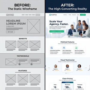 May include: A side-by-side comparison of a website design process. The left side shows a gray static wireframe with placeholder text and boxes. The right side displays the finished high-converting reality with a SaaSFlow landing page.