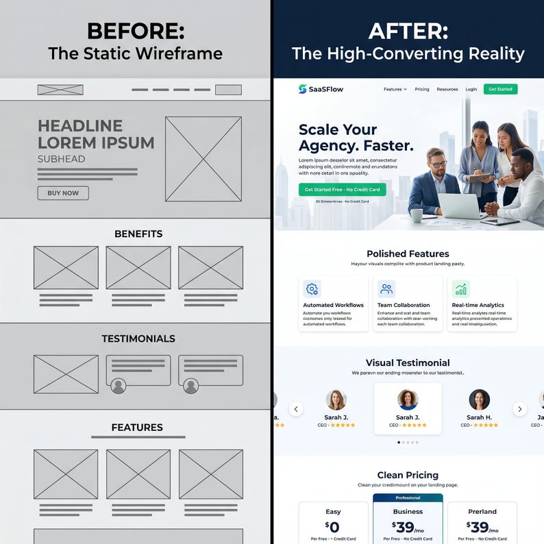 May include: A side-by-side comparison of a website design process. The left side shows a gray static wireframe with placeholder text and boxes. The right side displays the finished high-converting reality with a SaaSFlow landing page.