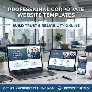 May include: A laptop, tablet, and smartphone displaying professional corporate website templates. The screens show business imagery and text including "Modern Business Solutions" and "Services." The text "Professional Corporate Website Templates" and "Build Trust & Reliability Online" appears above the devices.