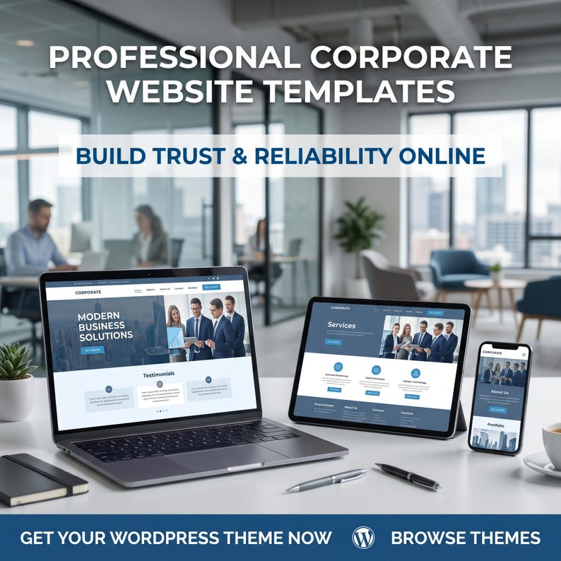 May include: A laptop, tablet, and smartphone displaying professional corporate website templates. The screens show business imagery and text including "Modern Business Solutions" and "Services." The text "Professional Corporate Website Templates" and "Build Trust & Reliability Online" appears above the devices.