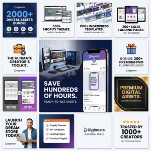 May include: A digital marketing bundle advertisement featuring a collection of website templates, landing pages, and plugins. The graphic displays various screen mockups, the Diginests logo, and text promoting over 2000 assets for creators.