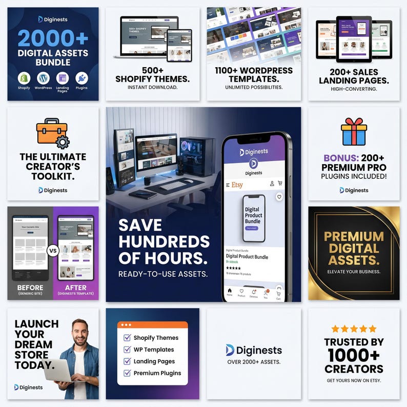 May include: A digital marketing bundle advertisement featuring a collection of website templates, landing pages, and plugins. The graphic displays various screen mockups, the Diginests logo, and text promoting over 2000 assets for creators.