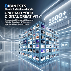 May include: A digital graphic featuring a glowing blue wireframe cube containing numerous website interface previews. Text reads: DIGINESTS Shopify & WordPress Bundle, UNLEASH YOUR DIGITAL CREATIVITY, Thousands of Premium UI Screens, 2000+ DIGITAL ASSETS.