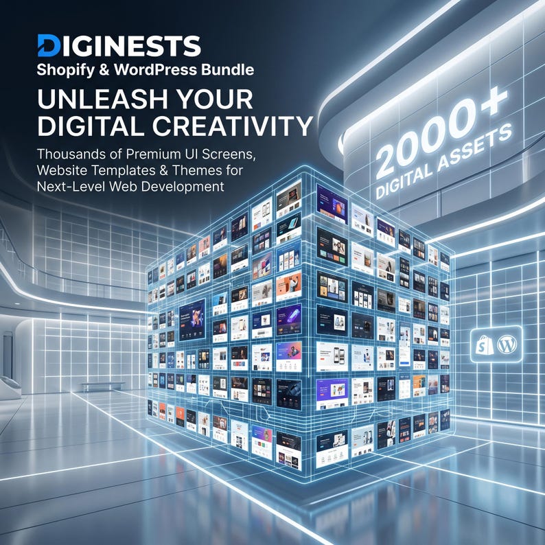 May include: A digital graphic featuring a glowing blue wireframe cube containing numerous website interface previews. Text reads: DIGINESTS Shopify & WordPress Bundle, UNLEASH YOUR DIGITAL CREATIVITY, Thousands of Premium UI Screens, 2000+ DIGITAL ASSETS.