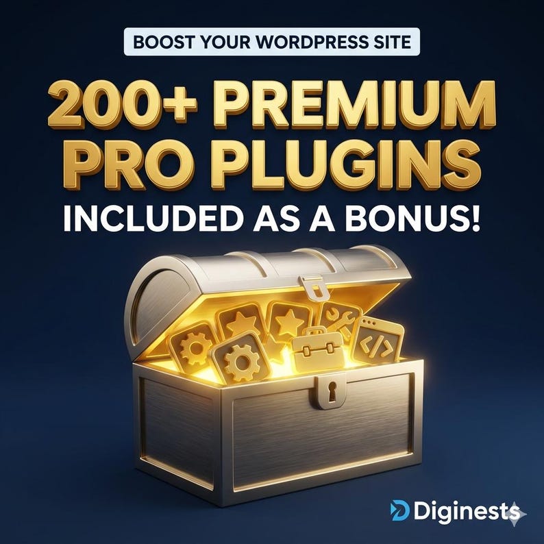 May include: A metallic treasure chest overflowing with glowing gold icons representing software tools, including gears, stars, and code brackets. Text reads: BOOST YOUR WORDPRESS SITE, 200+ PREMIUM PRO PLUGINS INCLUDED AS A BONUS! and the Diginests logo.