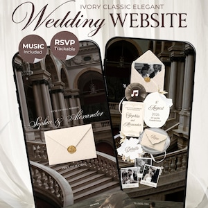 Op de afbeelding: Twee smartphones tonen een ivoorkleurige, klassiek elegante trouwwebsite-sjabloon. De schermen bevatten tekst zoals Vow & Veils, Wedding Website, Sophia & Alexander, 8 augustus 2026 en RSVP. Elementen zijn digitale enveloppen en zegels.