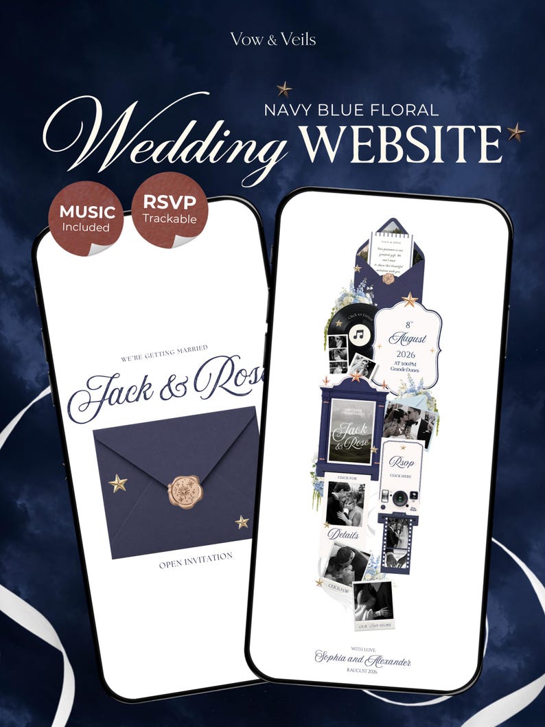 Navy & Dusty Blue Wedding Website Template With RSVP, Music and ...