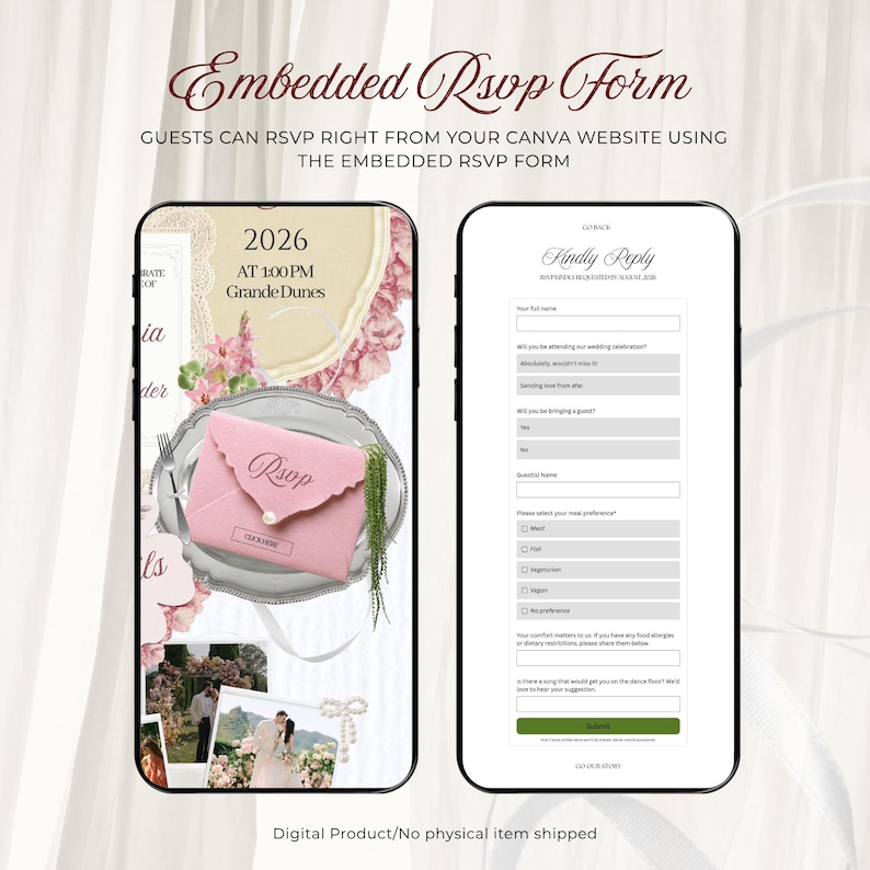 Mobile phone mockups displaying an elegant pink and green floral wedding website template for a 2026 wedding. Features a digital invitation with a pink envelope and a fully editable embedded digital RSVP Canva form for guests.