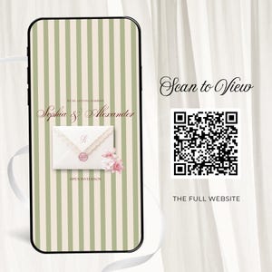 Elegant pink and green floral wedding website template displayed on a smartphone screen, featuring a digital invitation envelope and a scan to view QR code for digital RSVP.